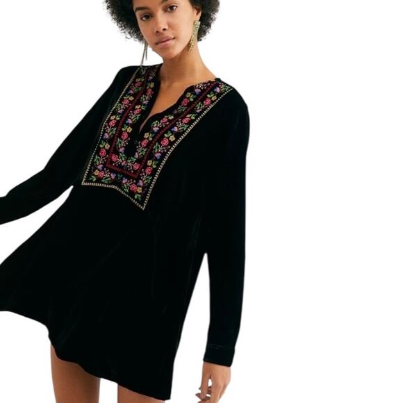 Free People Always Forever Black Velvet Mini Dress Floral Embroidery MED Boho - Picture 4 of 10
